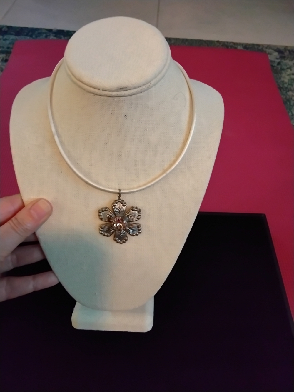 Silver Floral Pendant Necklace on Cream Cord